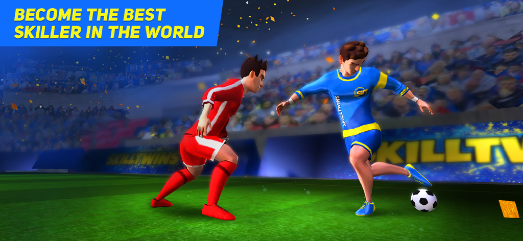 Ein Fußballspieler im blauen Trikot dribbelt einen Ball an einem Verteidiger vorbei in einem überfüllten Stadion mit dem Text werde der beste Skiller der Welt.