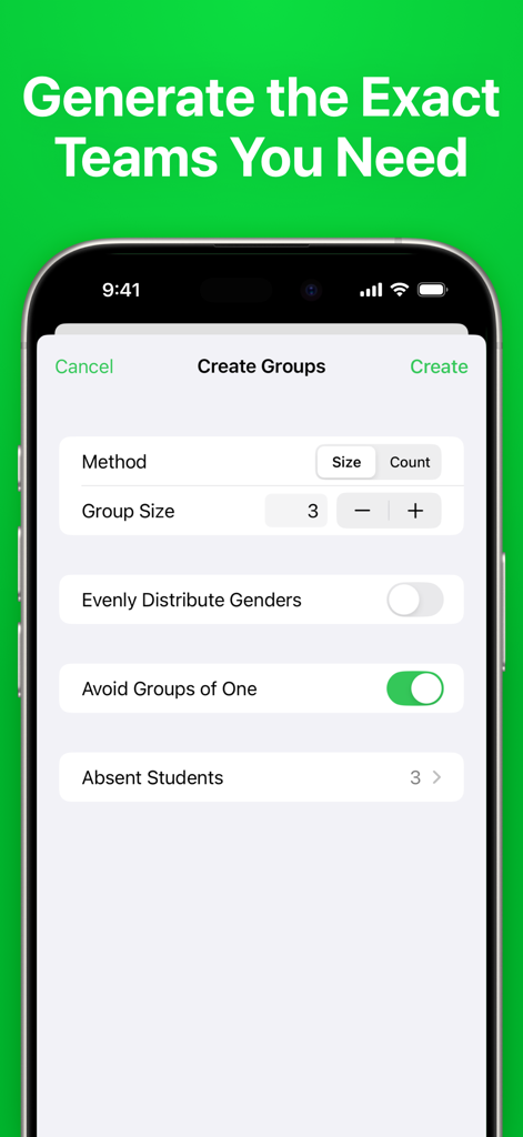 La pantalla de configuración de generación de equipos de la aplicación Grupos en un iPhone