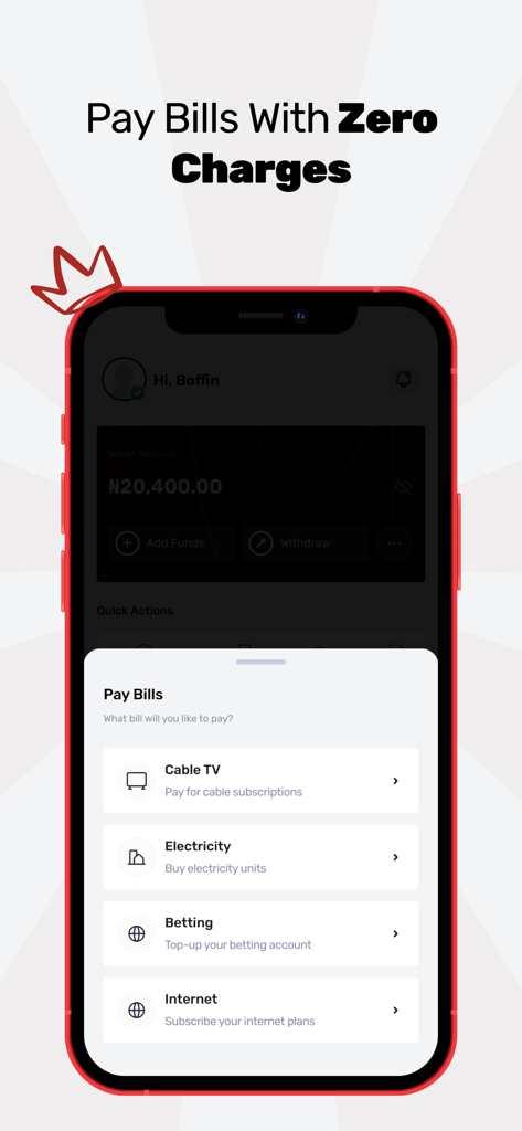 Aimtoget Wallet mobile app screen showing options to pay bills with zero charges