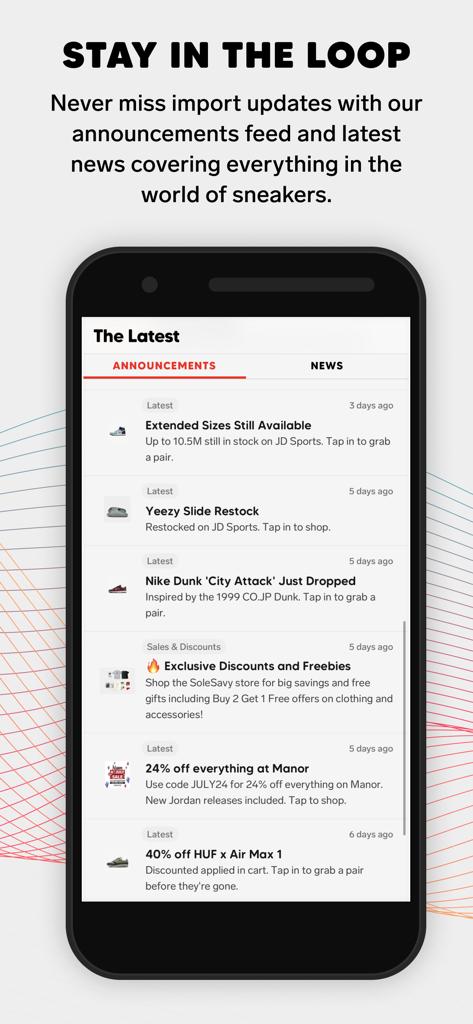 DROPS by SoleSavy - Sneakers - A mobile app screen showing a feed of the latest sneaker announcements, restocks, and exclusive discount alerts.