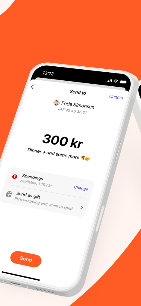 Smartphone screen showing the Vipps app interface for sending three hundred kroner to a contact for dinner