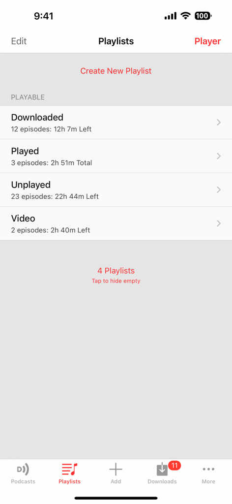 Schermata Playlists dell'app Downcast che mostra categorie per episodi di podcast scaricati, ascoltati e non ascoltati