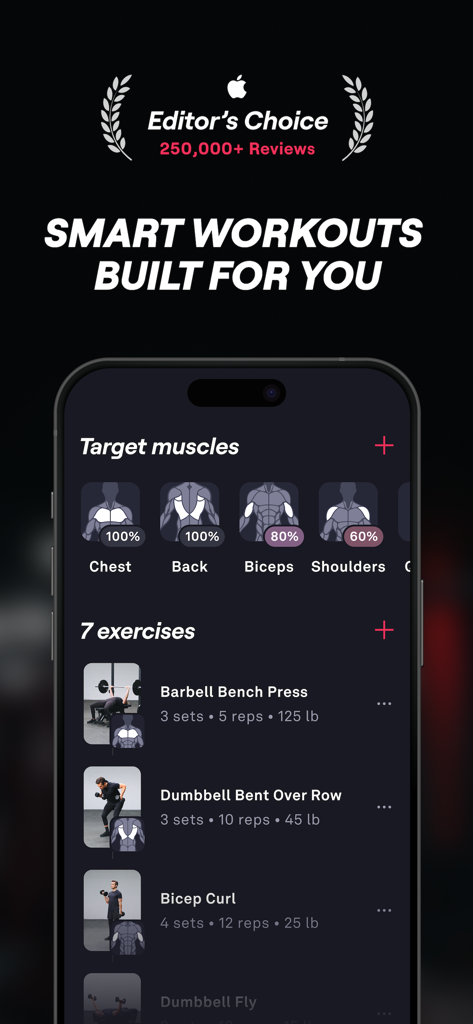 Fitbod app interface showing target muscle groups and a personalized list of gym exercises