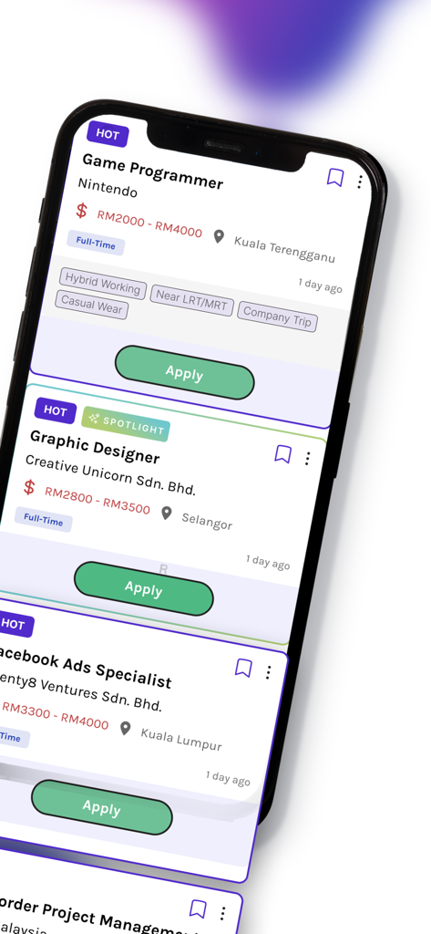 Hiredly | Malaysian Job Search - Mobile screen of Hiredly app displaying various job listings in Malaysia with salary and location info
