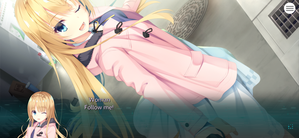 PARQUET - A blonde anime girl in a pink coat smiles and leans forward in a scene from the visual novel PARQUET with the text Follow me.