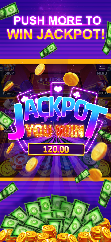 Cash Pusher:Lucky Coin Casino - Pantalla de victoria del jackpot en el juego Cash Pusher con monedas y efectivo cayendo