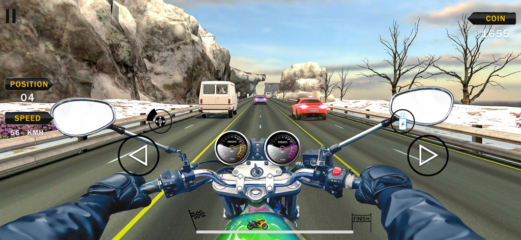 First person view of a motorcycle racing through highway traffic in a snowy mountain landscape