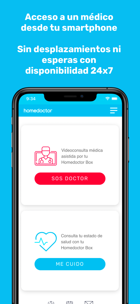 Homedoctor - Interfaz de la aplicación Homedoctor en un smartphone mostrando opciones de consulta por video inmediata 24/7