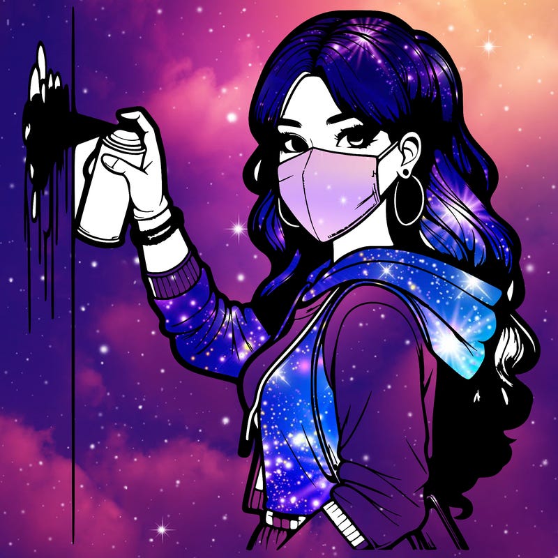 realistic girl with mask spray painting a wall