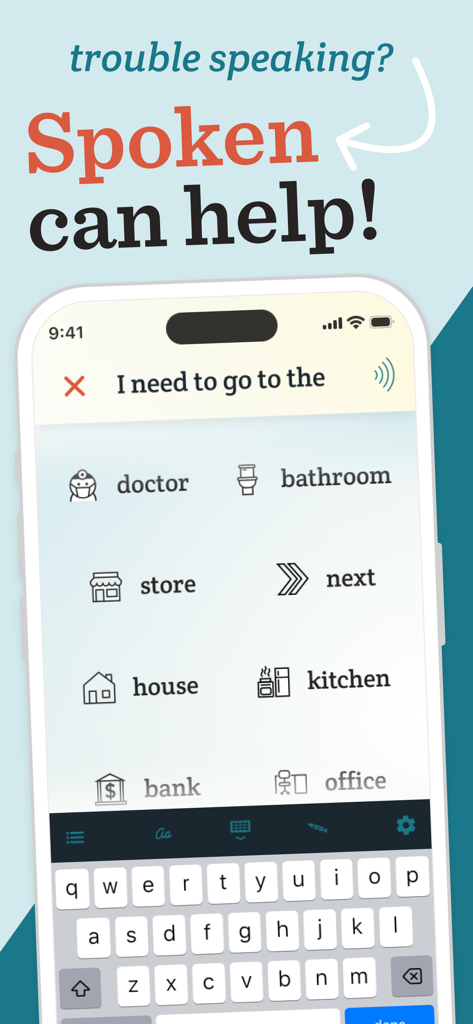 Smartphone screen showing the Spoken AAC app interface with word predictions and icons for easier communication