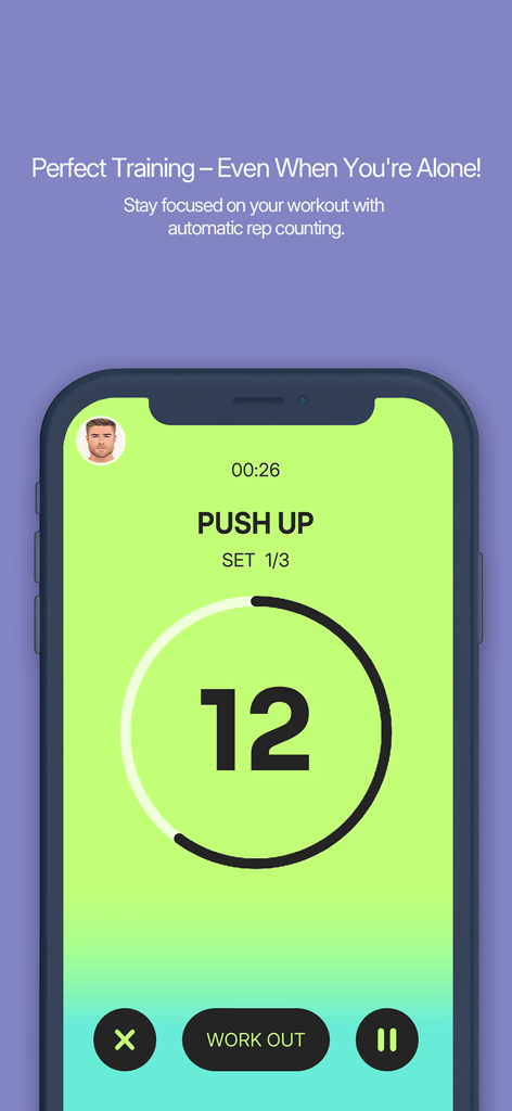 My Voice Counter : AI Trainer - Interfaz de la app My Voice Counter mostrando el conteo automático de repeticiones de flexiones con un entrenador de IA