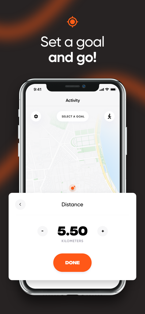 Running Coach - Run & Walk - Interface of the Running Coach app showing the distance goal setting screen with a map in the background