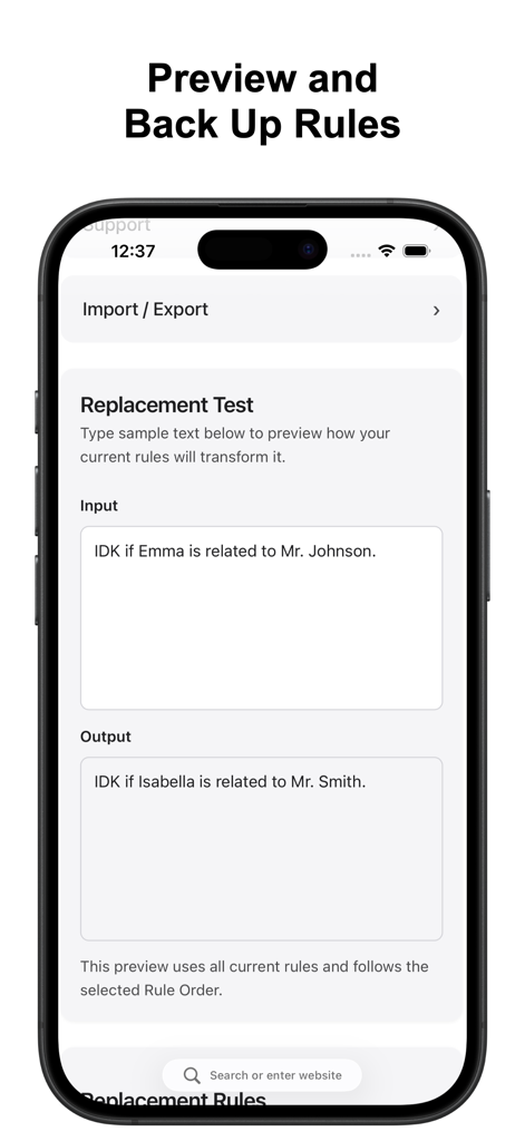 Word Replacer for Safari interface showing a replacement test with sample text and rule backup options
