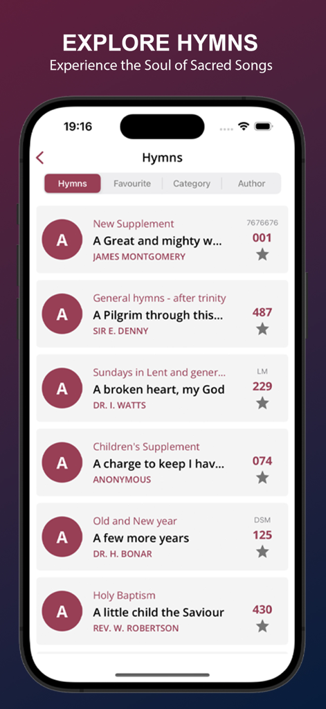 Church Hymnal: Christian Songs - Una pantalla móvil que muestra una lista de himnos cristianos tradicionales con títulos y autores.