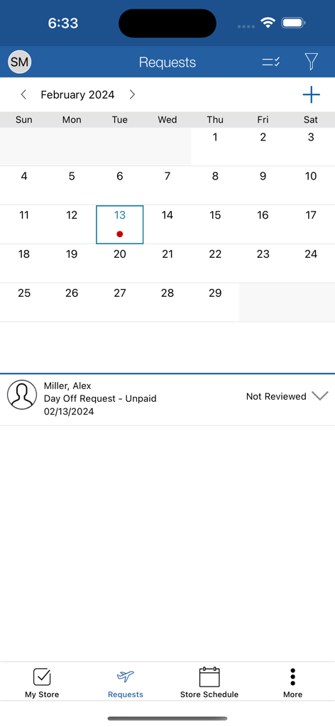 SM 45 Zebra app screen for managing employee time off requests and calendar