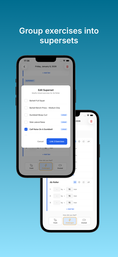 BaseLift: Gym Log & Diary - BaseLift gym log interface for grouping exercises into supersets.
