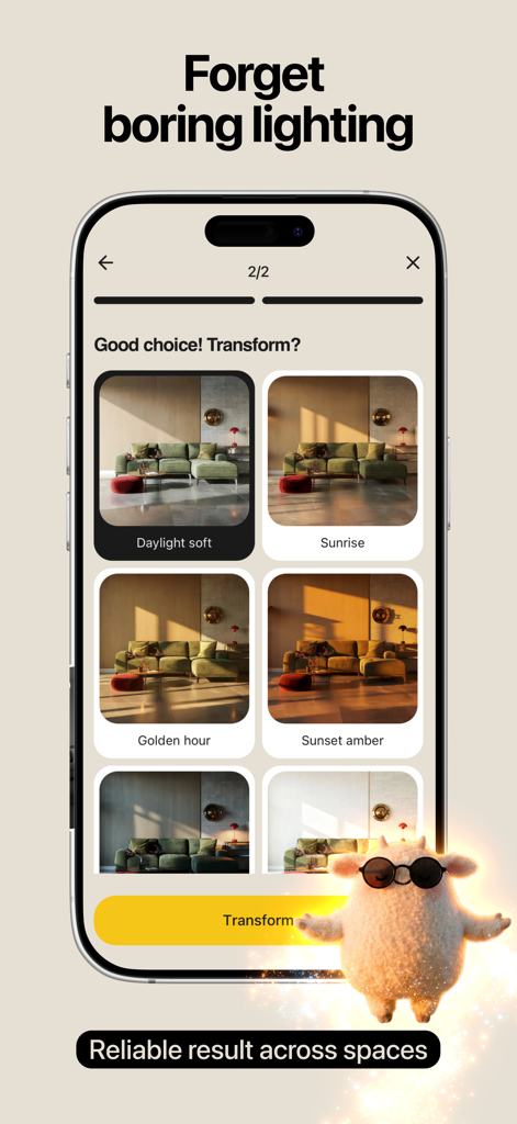 Happy Space - AI Home Design - Interface of the Happy Space app showing various AI lighting presets for interior room design including Daylight soft and Golden hour.