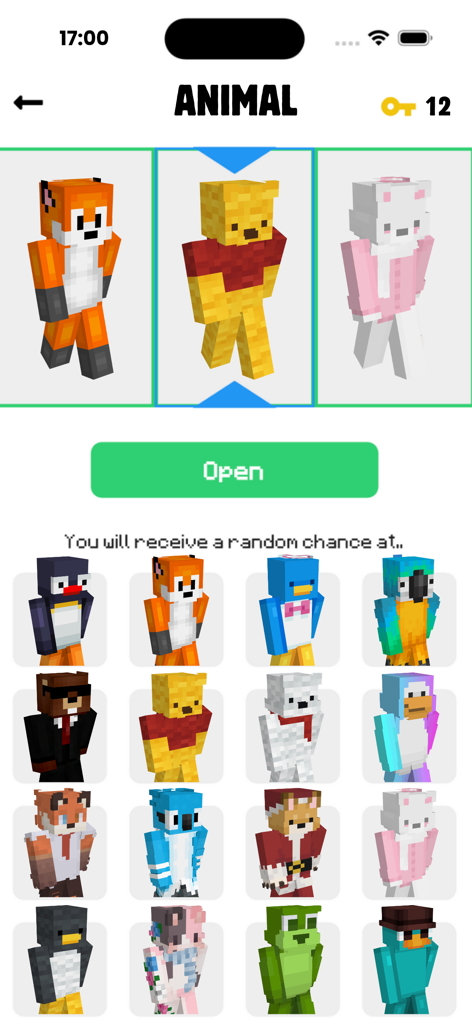 SkinCraft- Skins for Minecraft - Una galería de skins de Minecraft con temática de animales, incluyendo zorros y osos, en la app SkinCraft.