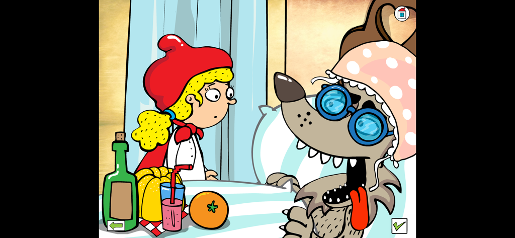 Červená Karkulka - Rotkäppchen steht dem Wolf gegenüber, der als Großmutter verkleidet ist.