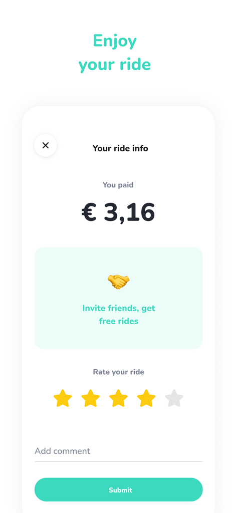 IZZY app ride summary screen showing a payment of 3.16 Euro and a star rating system.
