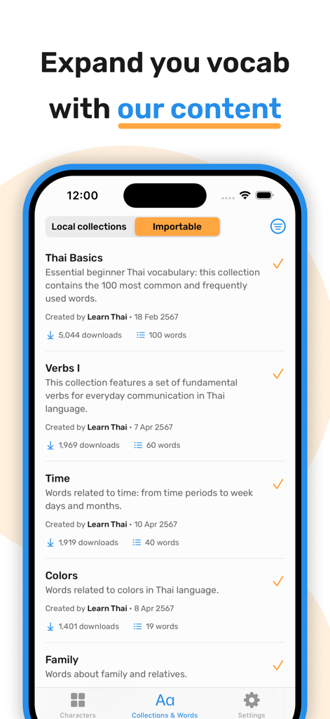 Learn Thai Alphabet & Words - Interface showing various Thai vocabulary word lists for categories like basics and verbs