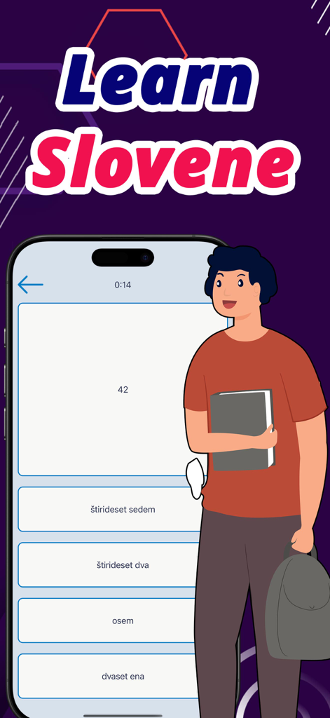 Interfaz de la aplicación Números en esloveno que muestra un cuestionario de opción múltiple para traducir números