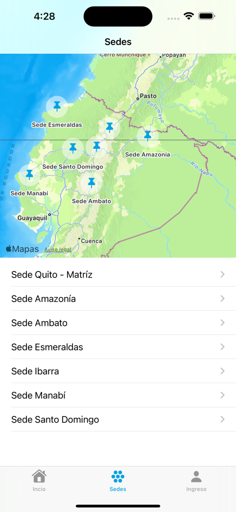 PUCE-App - Map and list showing the different campus locations of PUCE university in Ecuador