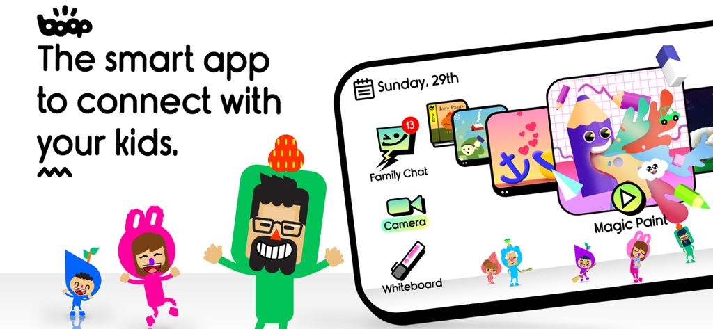 Boop Kids - Smart Parenting - A marketing banner for Boop Kids showing custom family avatars and the app interface with activities like Magic Paint and Family Chat.