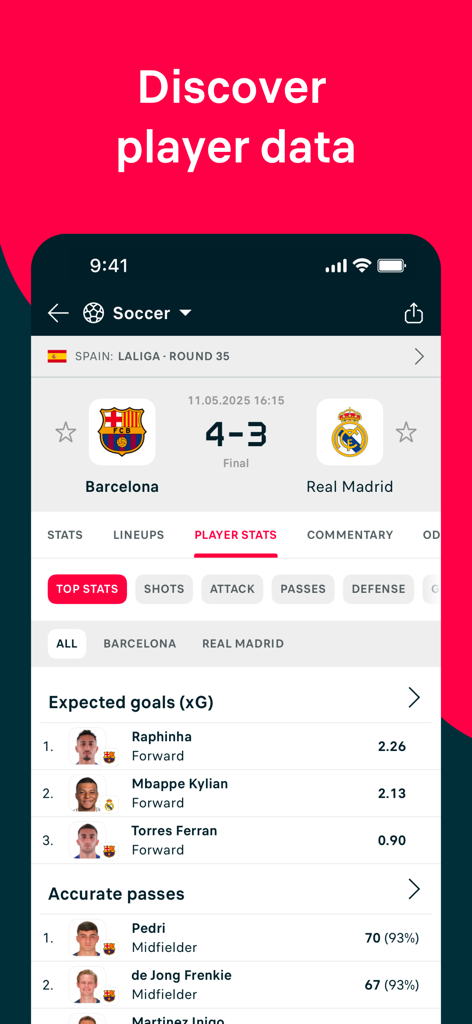 Flashscore mobile app showing soccer player stats and expected goals xG data