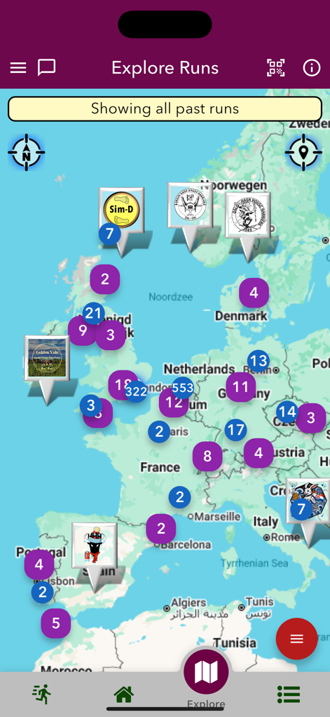 Harrier Central - Visualização de mapa no aplicativo Harrier Central mostrando corridas de hashing pela Europa