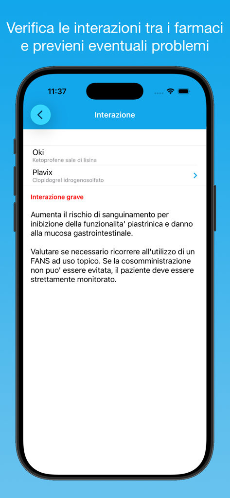iFarmaci Premium - Captura de pantalla de la aplicación iFarmaci Premium que muestra una advertencia de interacción farmacológica grave entre los medicamentos Oki y Plavix.