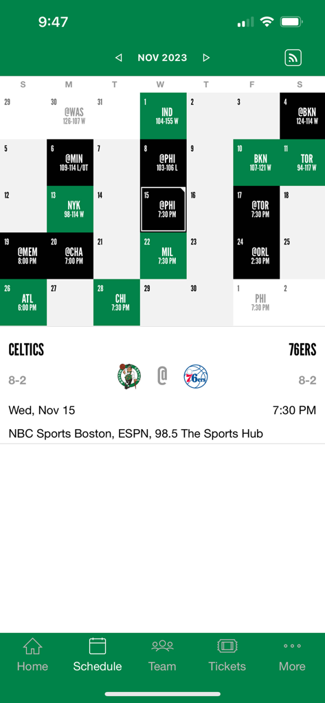 Boston Celtics - Boston Celtics mobile app schedule screen showing November 2023 games and scores