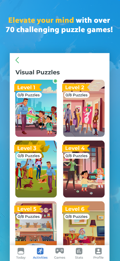 Brainwell Brain Training Games - Brainwell app screen showing multiple levels of visual puzzles and brain training games