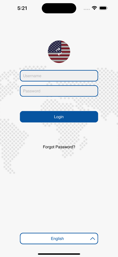 Anmeldebildschirm der N21Mobile-App mit Feldern für Benutzername und Passwort sowie einem Menü zur Sprachauswahl