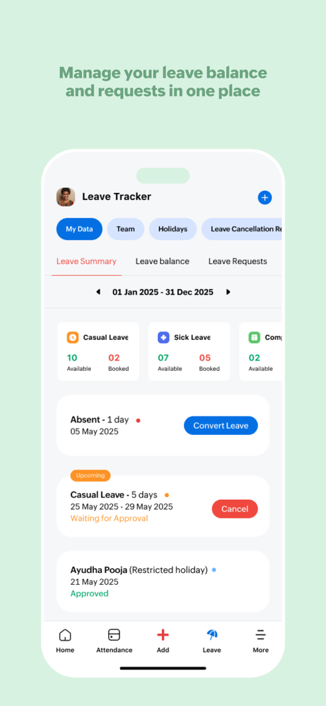 Zoho People - HR management - Zoho Peopleモバイルアプリのインターフェース。利用可能および予約済みのカジュアルおよび病気休暇残高を示す休暇トラッカーが表示されています