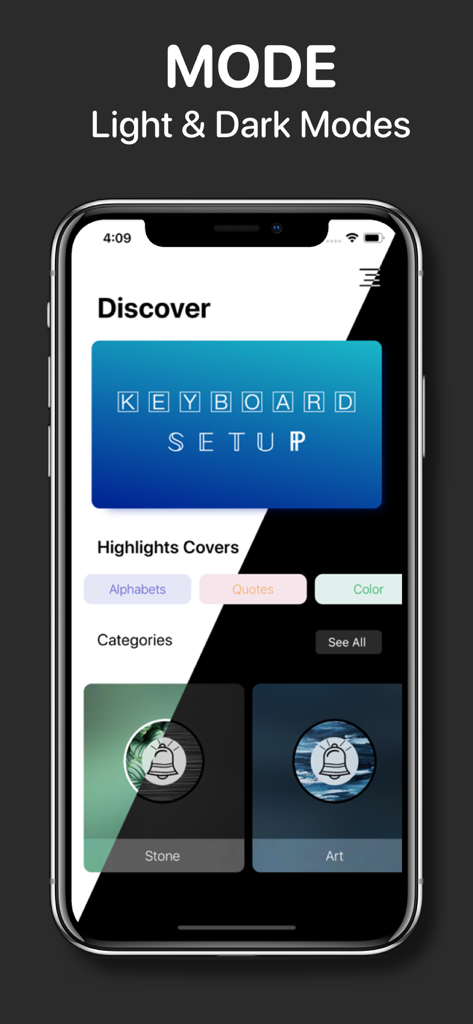 Fonts - keyboard Font Maker - Smartphone screen showing the Fonts app discovery page with Instagram highlight covers and light and dark mode settings