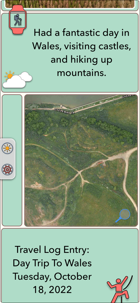 Travel Log App - Une entrée de journal de voyage numérique pour une excursion d'une journée au Pays de Galles présentant des notes de randonnée et une vue satellite de la carte.