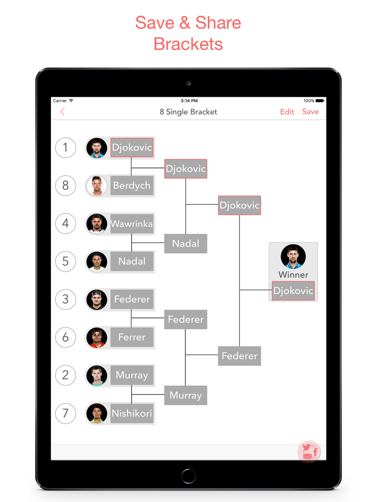 An iPad displaying an 8 player sports tournament bracket with a winner designated