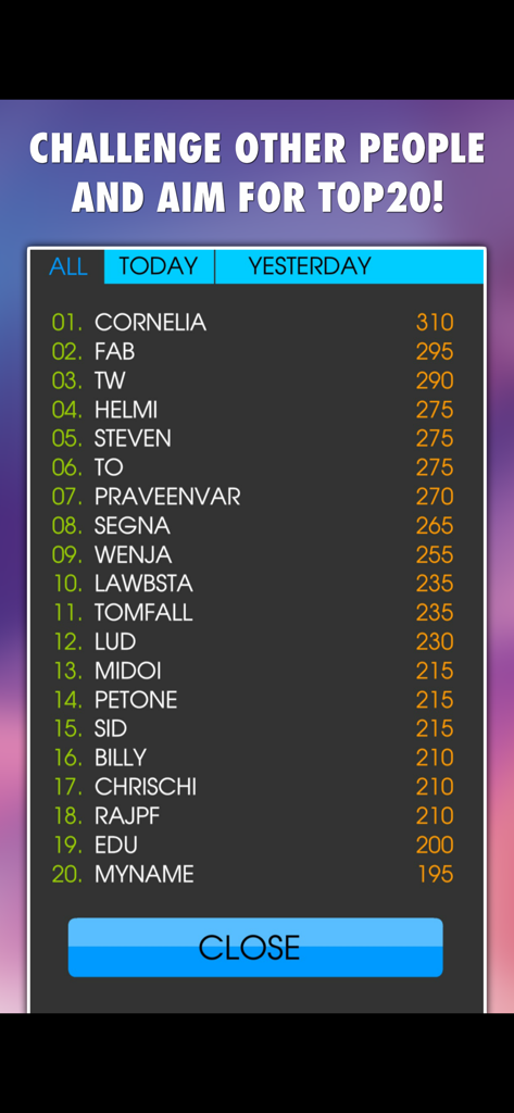 Math Connect PRO - Global leaderboard screen showing the top 20 players and their high scores in the Math Connect PRO app.