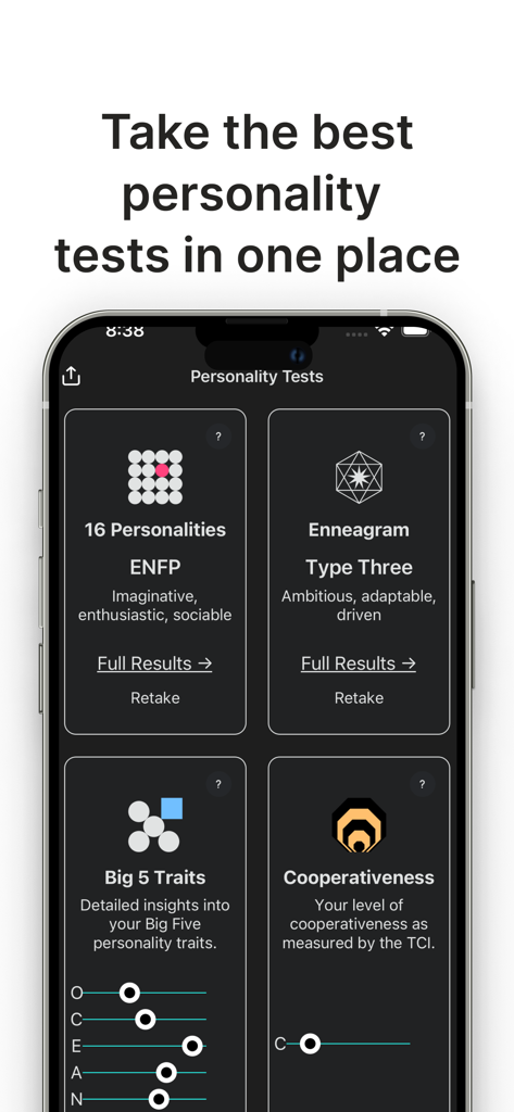 Persona Analysis - 페르소나 분석 앱에서 16가지 성격, 에니어그램, Big 5 특성을 포함한 다양한 성격 테스트를 보여주는 스마트폰 화면