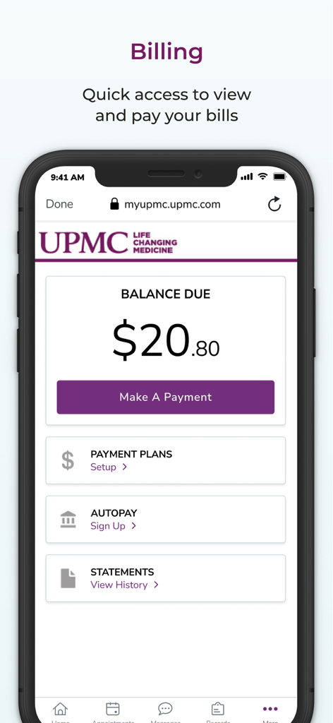 MyUPMC app billing interface showing balance due and payment options