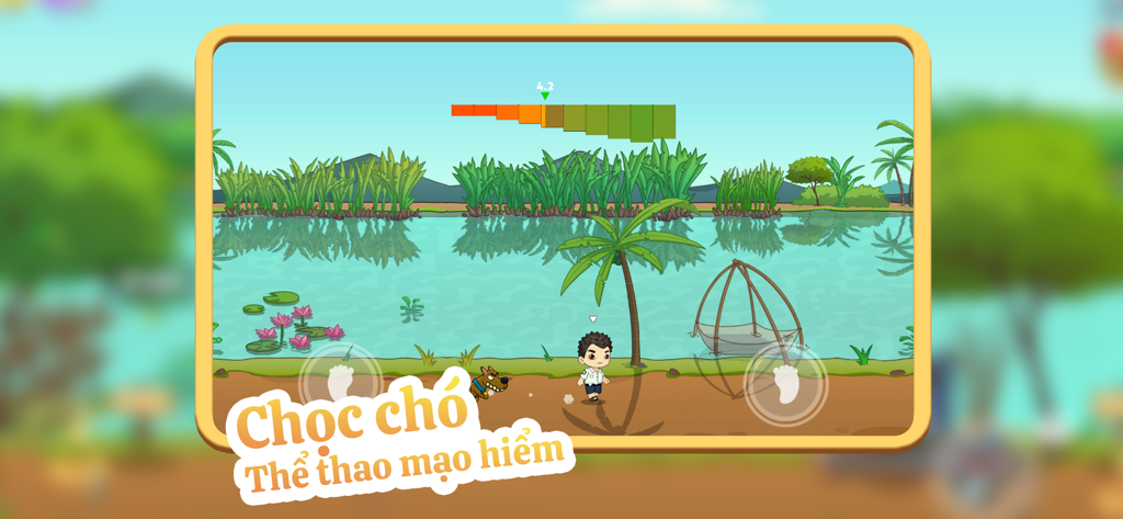 Trở Về Tuổi Thơ - Um personagem a ser perseguido por um cão numa paisagem rural vietnamita com um rio e uma rede de pesca