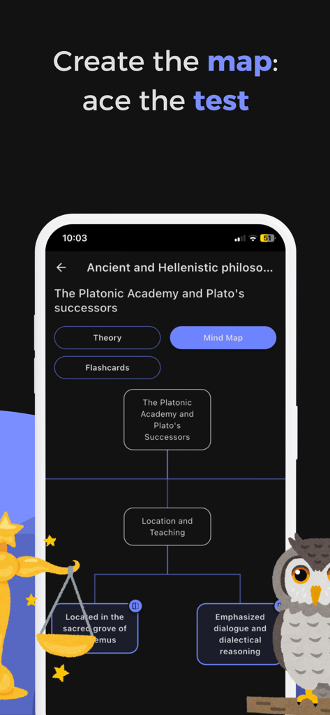 Philosophy Master Learn School - Mind map tool in Philosophy Master app showing the Platonic Academy lessons.