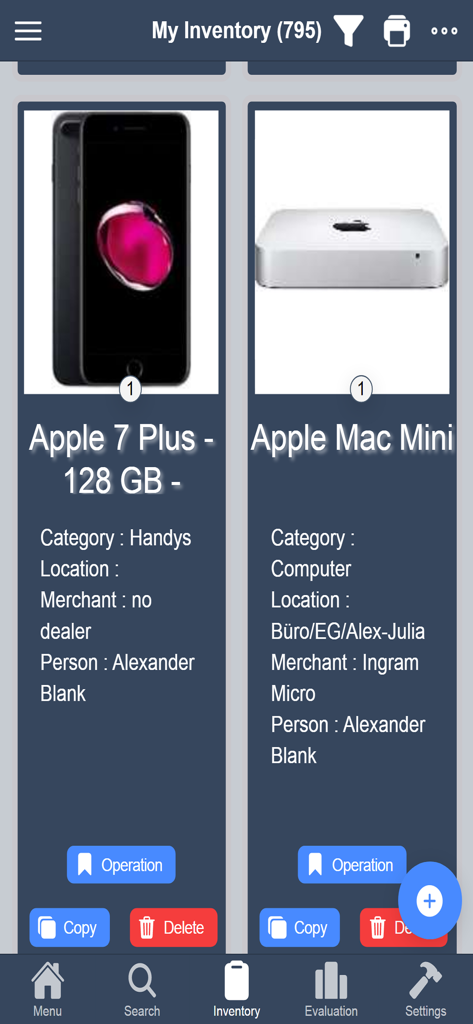 HITS Inventory Manager screen showing a list of tracked items including an iPhone and a Mac Mini with asset details