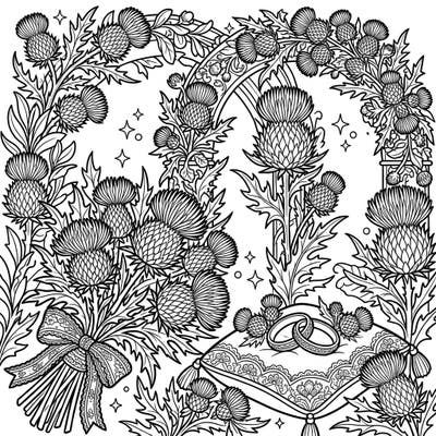 Immerse yourself in a beautifully detailed wild thistle wedding scene, perfect for celebrating love and nature. This intricate coloring page features elegant thistles, a romantic arch, and delicate wedding rings, ready for your artistic interpretation.