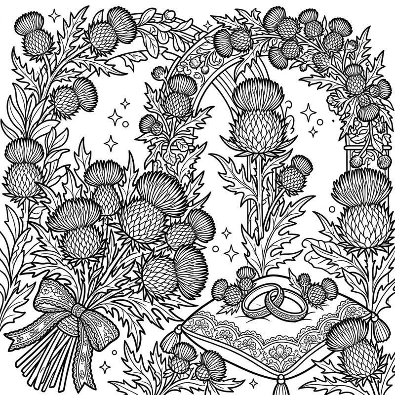 Immerse yourself in a beautifully detailed wild thistle wedding scene, perfect for celebrating love and nature. This intricate coloring page features elegant thistles, a romantic arch, and delicate wedding rings, ready for your artistic interpretation.