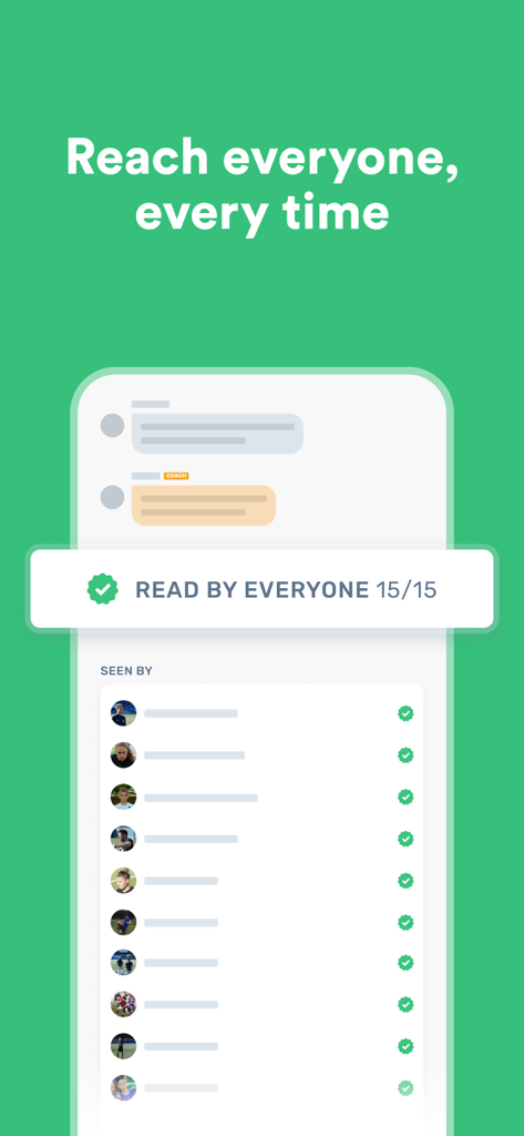 Heja - Heja app interface showing a message read by all 15 team members with seen receipts
