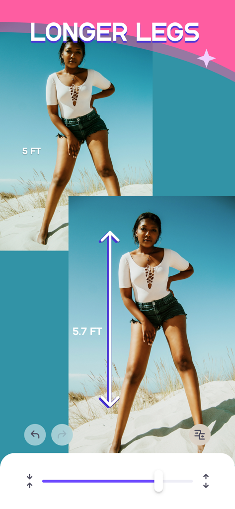 WOW Body - Best Body Editor - A mobile app screen showing the leg lengthening feature in the WOW Body editor app.