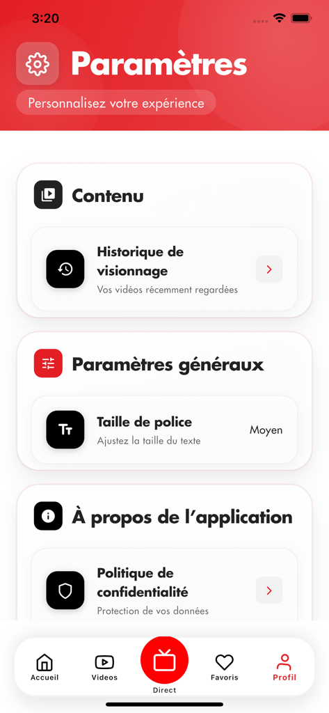 FILINFO TV - Settings interface of FILINFO TV app showing options for watch history, font size adjustment, and privacy policy