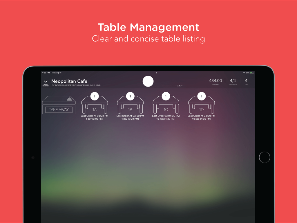 Slurp Waiter - Slurp Waiter app table management screen on iPad showing restaurant table status and order timing